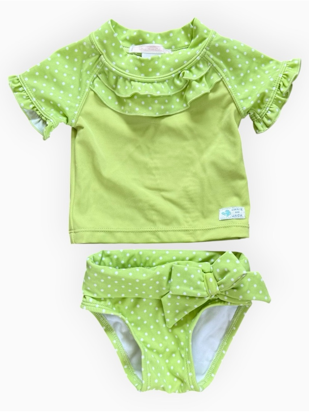 Janie And Jack Green Polka Dot Ruffled Swimsuit Swim Set Two Piece Sz 0-3 Months